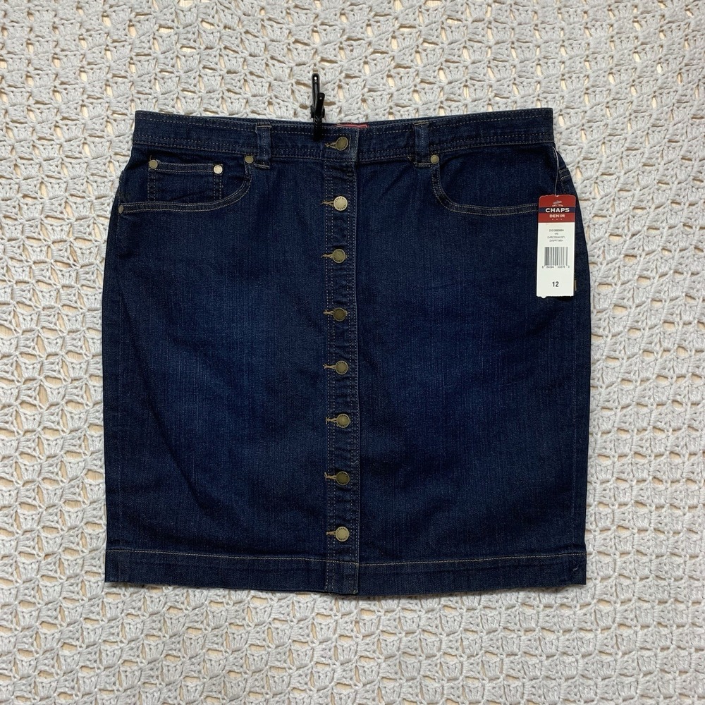 Chaps Denim Jean Pencil Skirt Womens‎ Size 12 Dark Blue Stretch Button NWT
